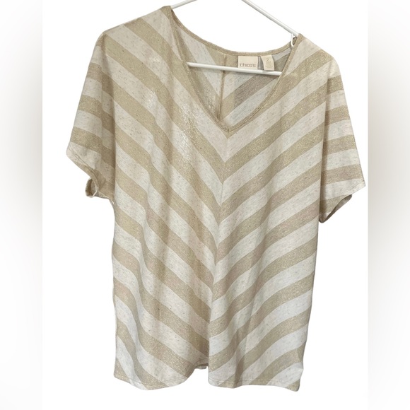 CHICOS Cream and Gold Chine Woman’s Batwing Sleeve V Neck Striped top Sz 2 - Picture 1 of 4
